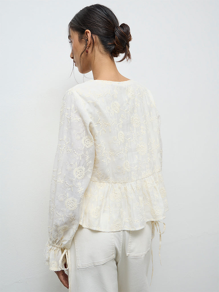 LOV Off-White Floral Embroidered Blouse