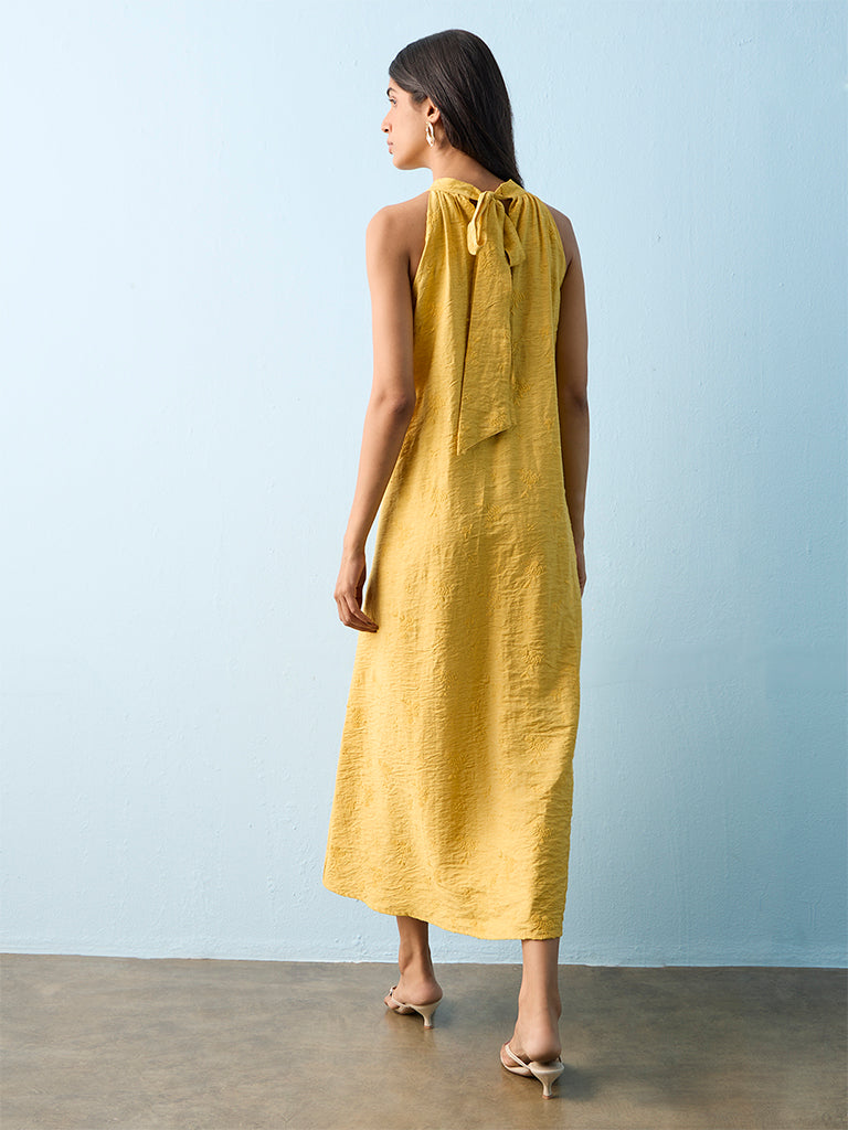 LOV Mustard Botanical Embroidered A-Line Dress