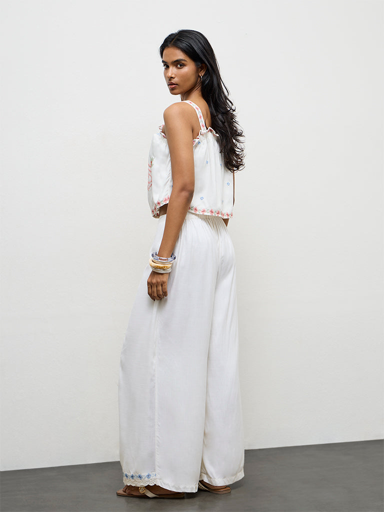 LOV Off-White Embroidered High-Rise Trousers
