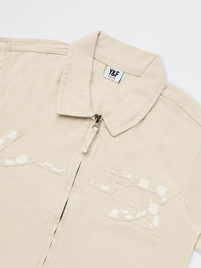 Boys Light Taupe Embroidered Cotton Shirt