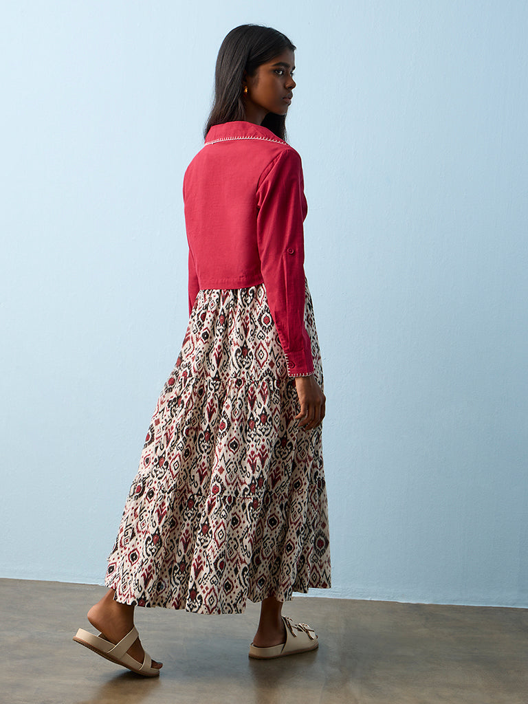 Bombay Paisley Cotton Off-White Ikat Printed Cotton Tiered Dress with Jacket