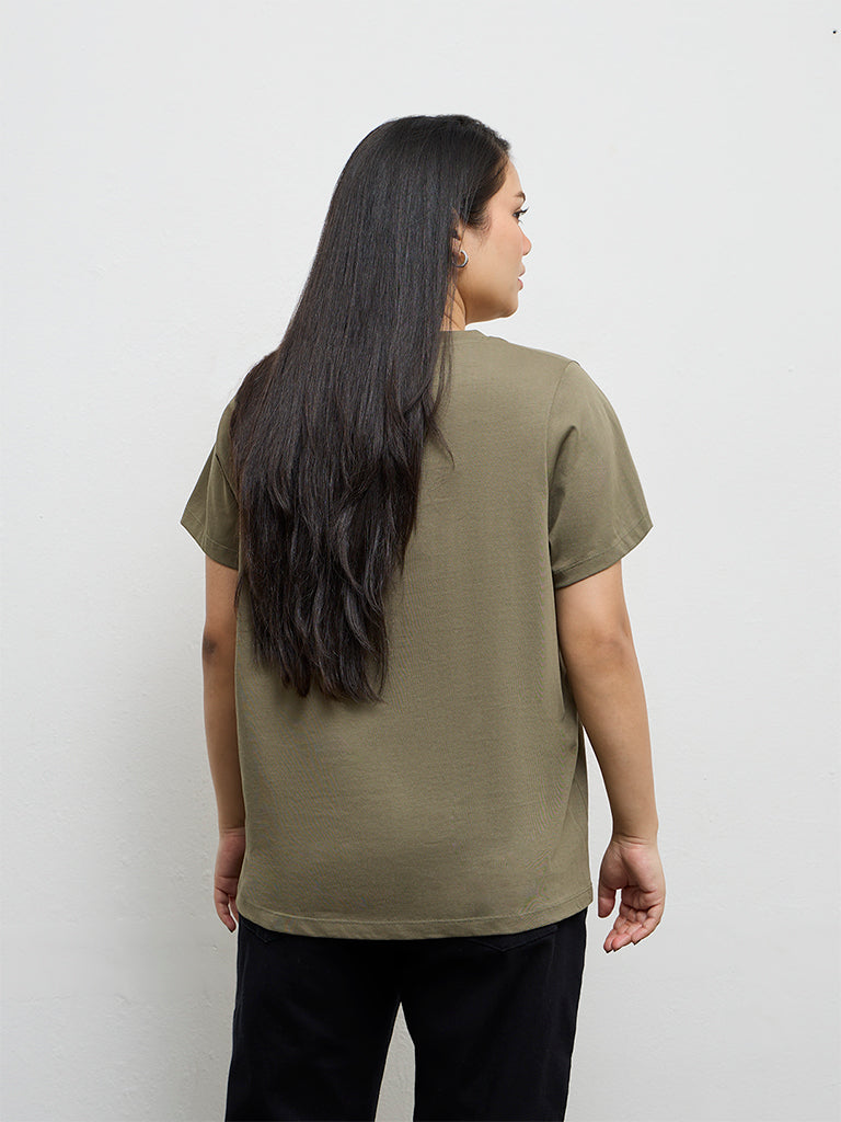 Gia Olive Sequin Embellished Cotton T-Shirt