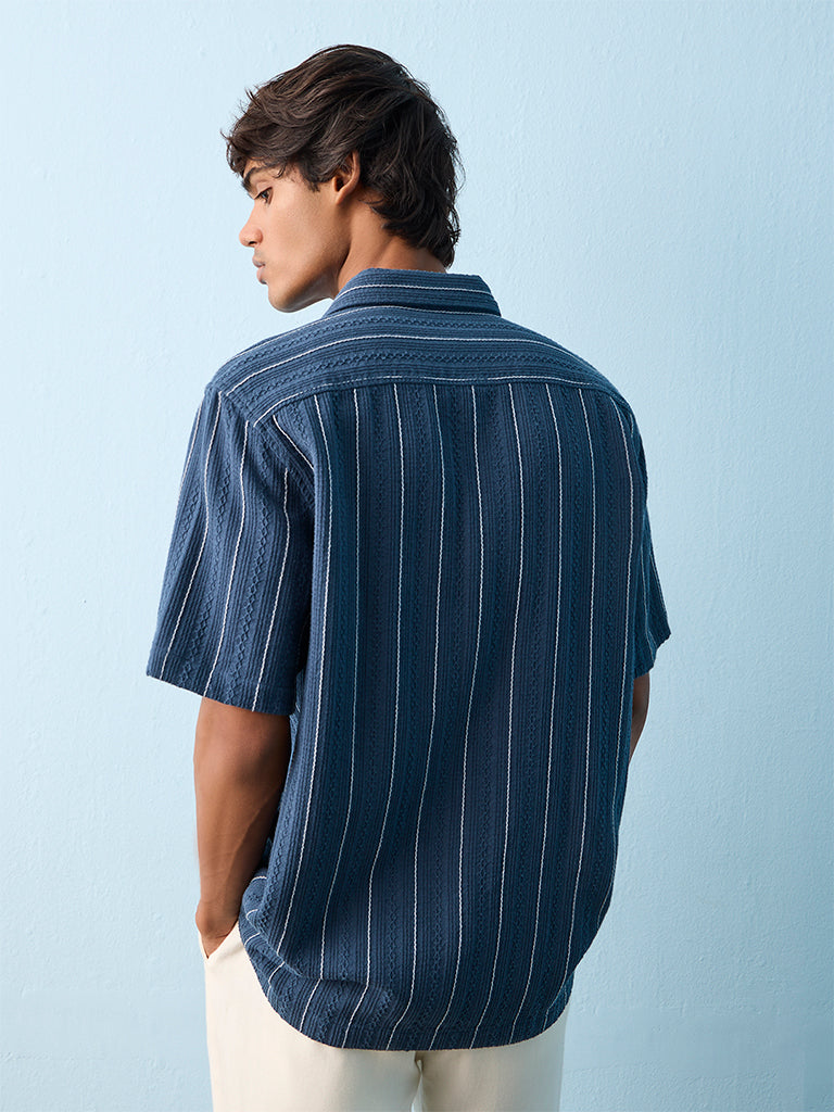 ETA Indigo Stripe Embroidered Relaxed-Fit Cotton Shirt
