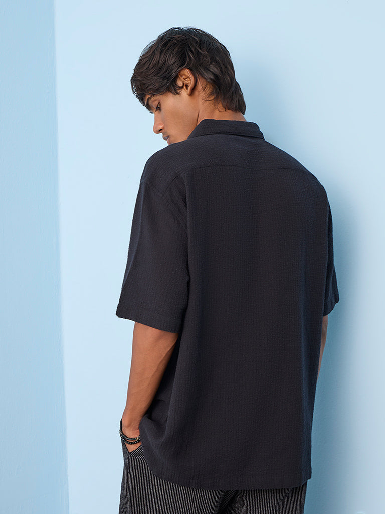 ETA Black Textured Relaxed-Fit Cotton Polo T-Shirt