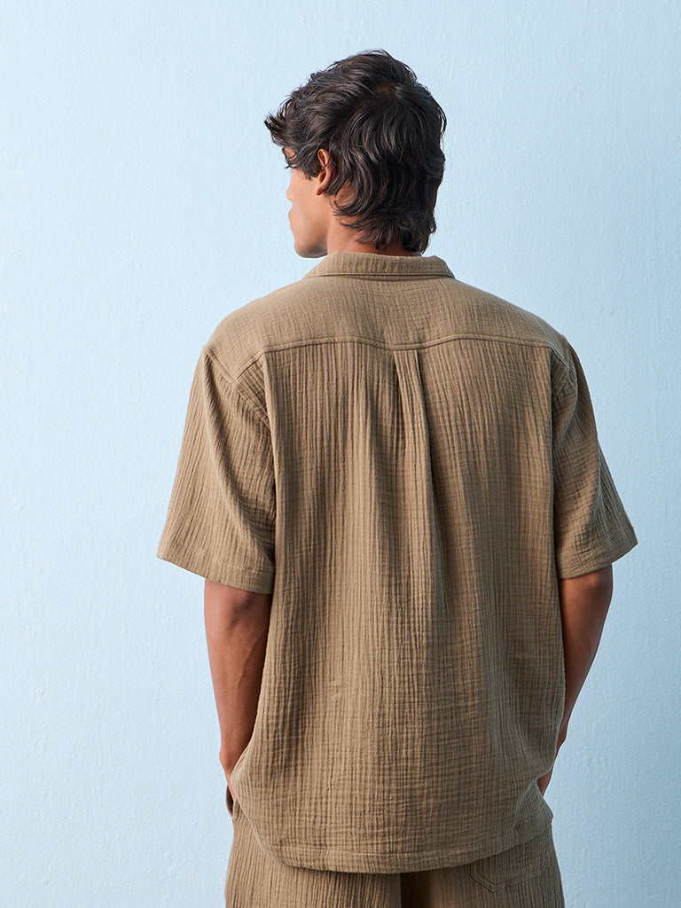 ETA Olive Crinkle Textured Relaxed-Fit Cotton Shirt