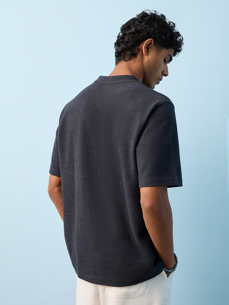 ETA Dark Blue Textured Relaxed-Fit Cotton-Blend T-Shirt
