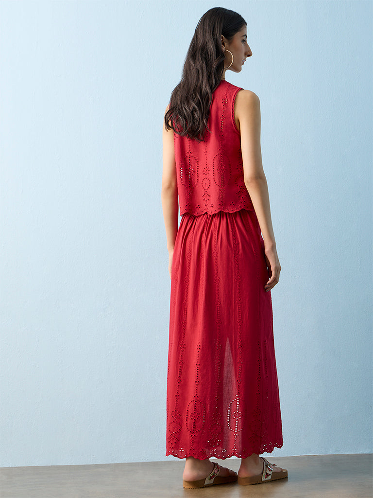 Bombay Paisley Red Embroidered High-Rise Cotton Skirt