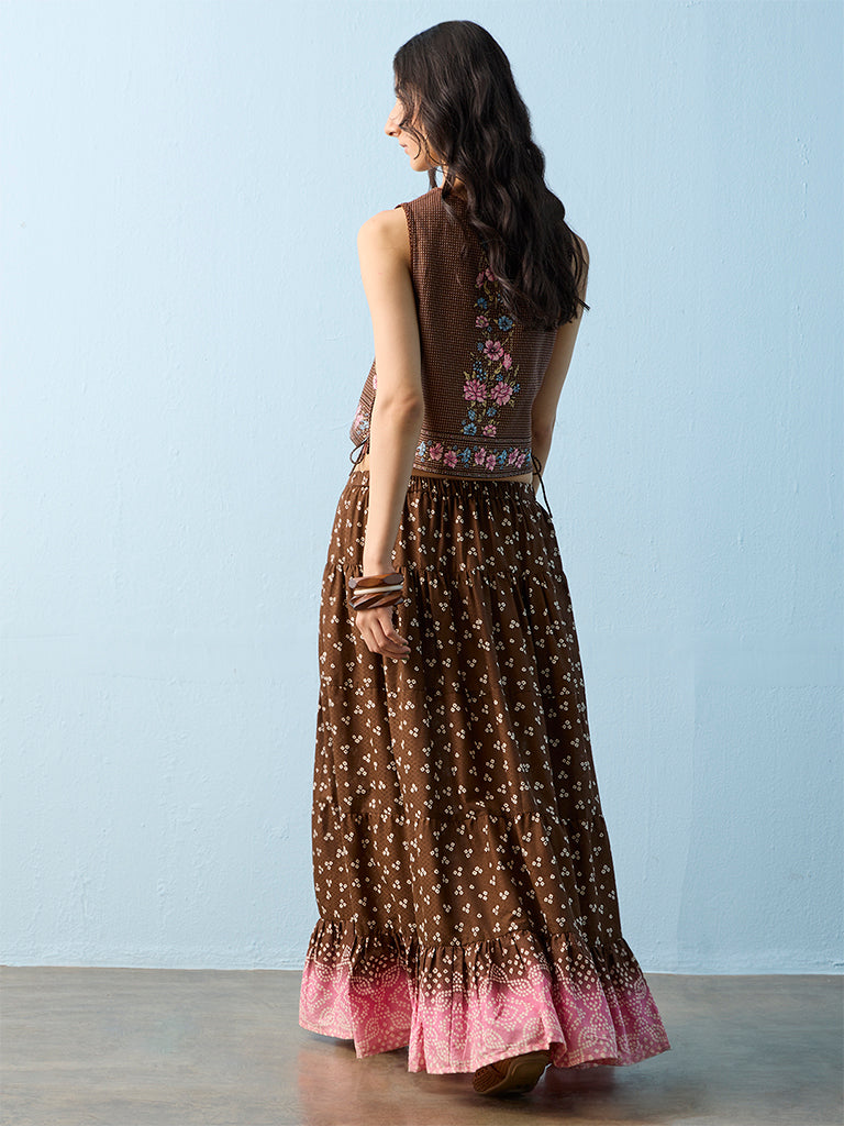 Bombay Paisley Dark Brown Bandhani High-Rise Cotton Tiered Skirt