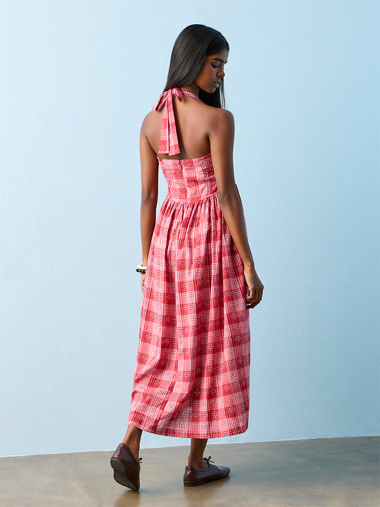 Bombay Paisley Red Checkered Cotton A-Line Dress