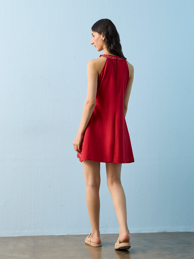 Bombay Paisley Red Floral Embroidered Cotton A-Line Dress