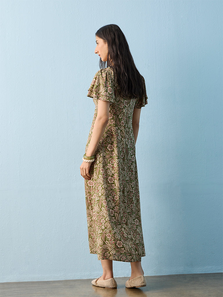 Bombay Paisley Green Floral Printed A-Line Dress
