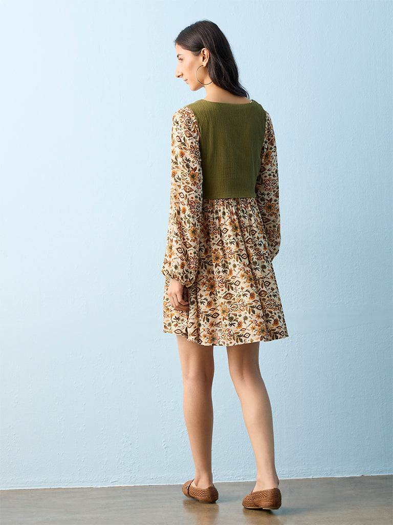Bombay Paisley Off-White Floral Printed Cotton A-Line Dress with Jacket