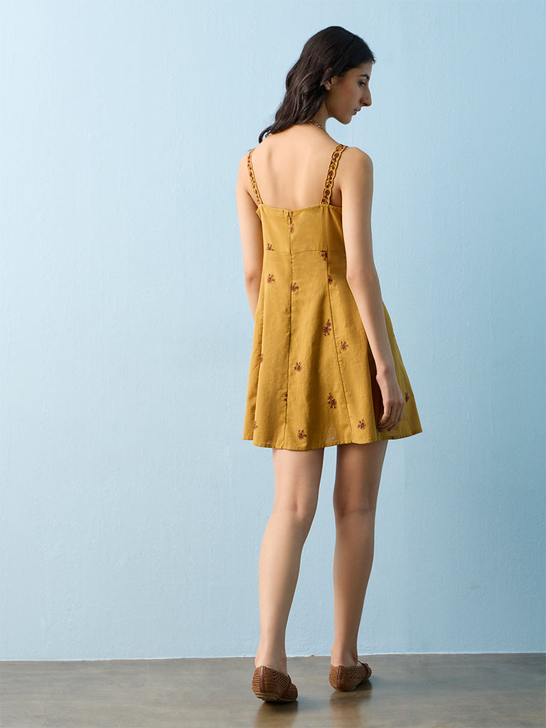 Bombay Paisley Mustard Embroidered Cotton-Blend A-Line Dress