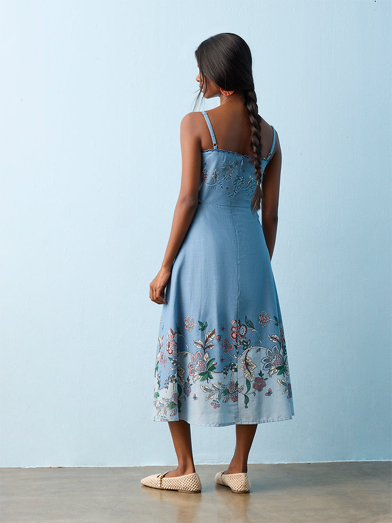 Bombay Paisley Blue Foliage Printed Cotton A-Line Dress