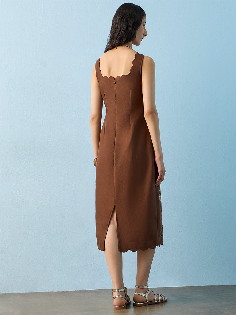 Bombay Paisley Brown Floral Pattern Cotton-Blend Straight Dress