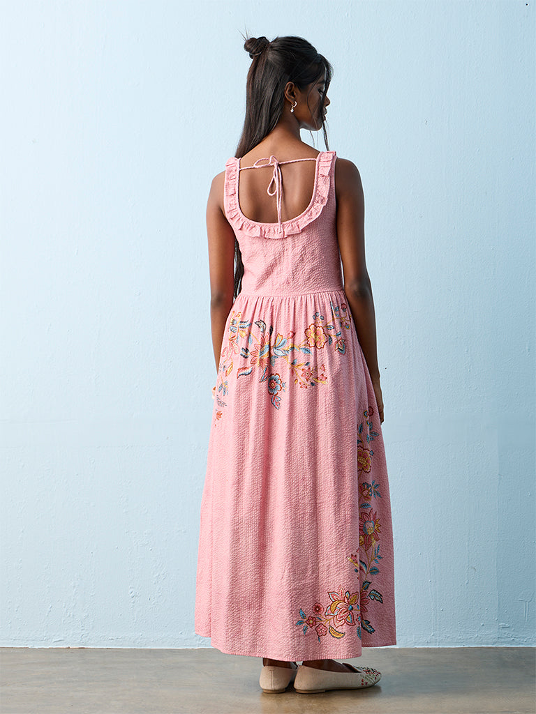Bombay Paisley Pink Floral Printed Cotton A-Line Dress