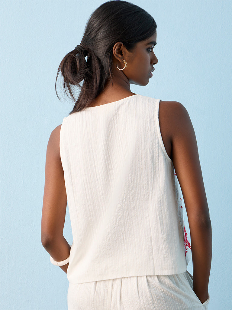 Bombay Paisley White Embroidered Cotton Top