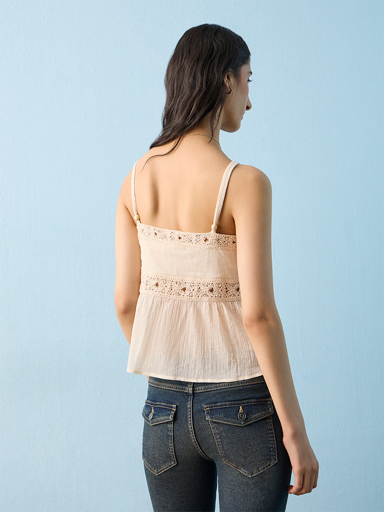 Bombay Paisley Off-White Crochet Detailed Cotton Top