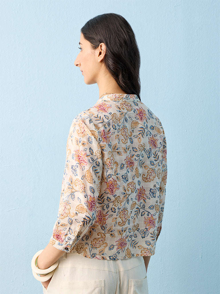 Bombay Paisley Off-White Floral Printed Cotton Blouse
