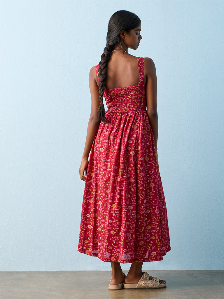 Bombay Paisley Red Botanical Pattern Cotton A-Line Dress