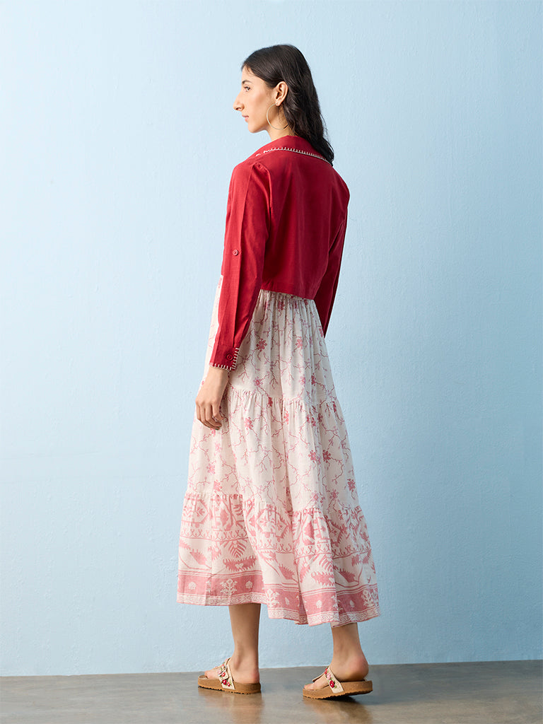 Bombay Paisley Off-White Floral Cotton Tiered Dress with Jacket