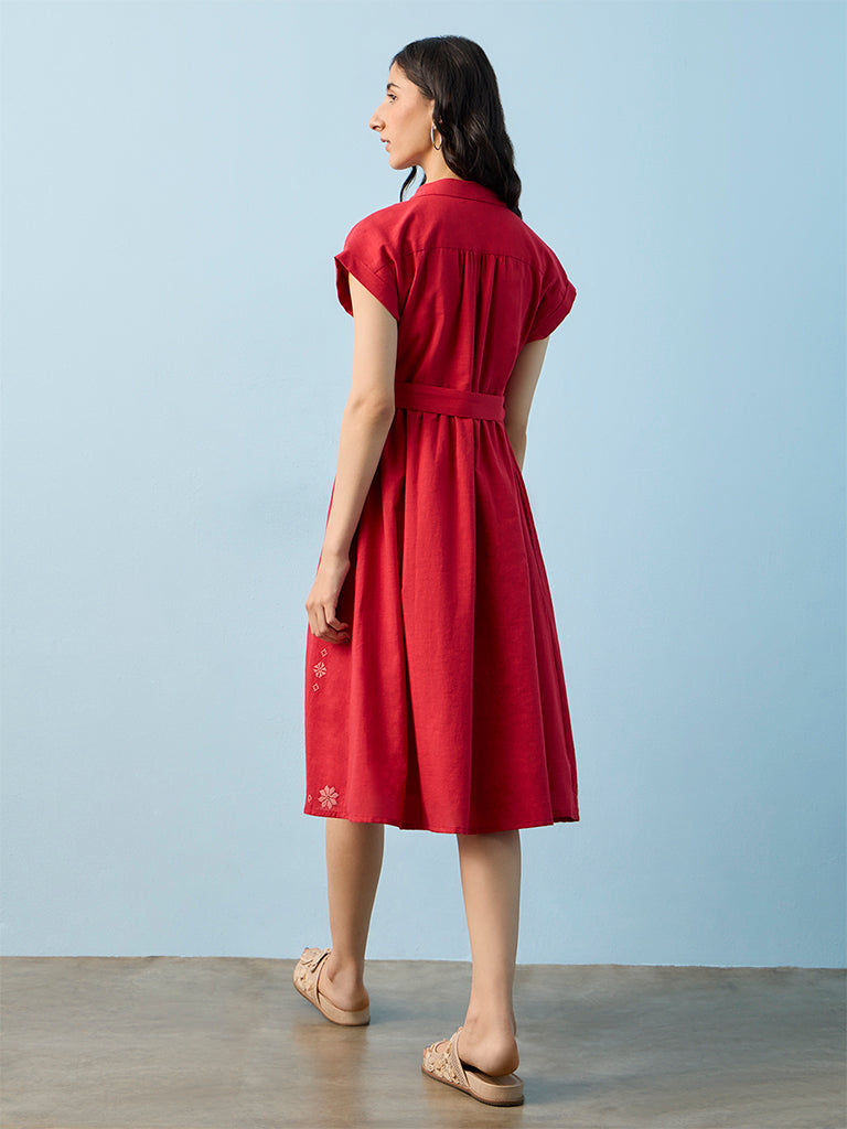 Bombay Paisley Red Embroidered Cotton A-Line Dress with Belt