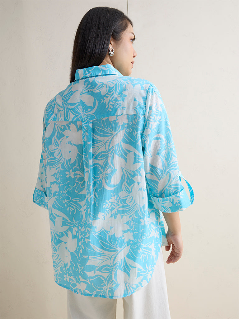 Gia Blue Botanical Printed Cotton Shirt