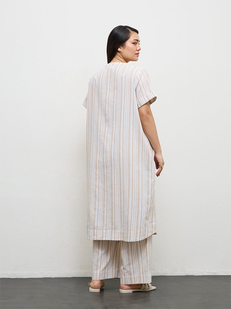 Gia Beige Striped Cotton A-Line Tunic
