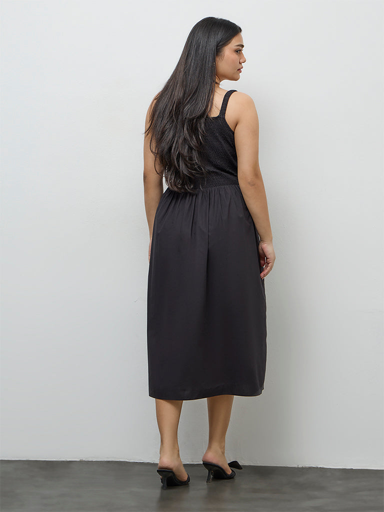 Gia Black Smocked Cotton A-Line Dress