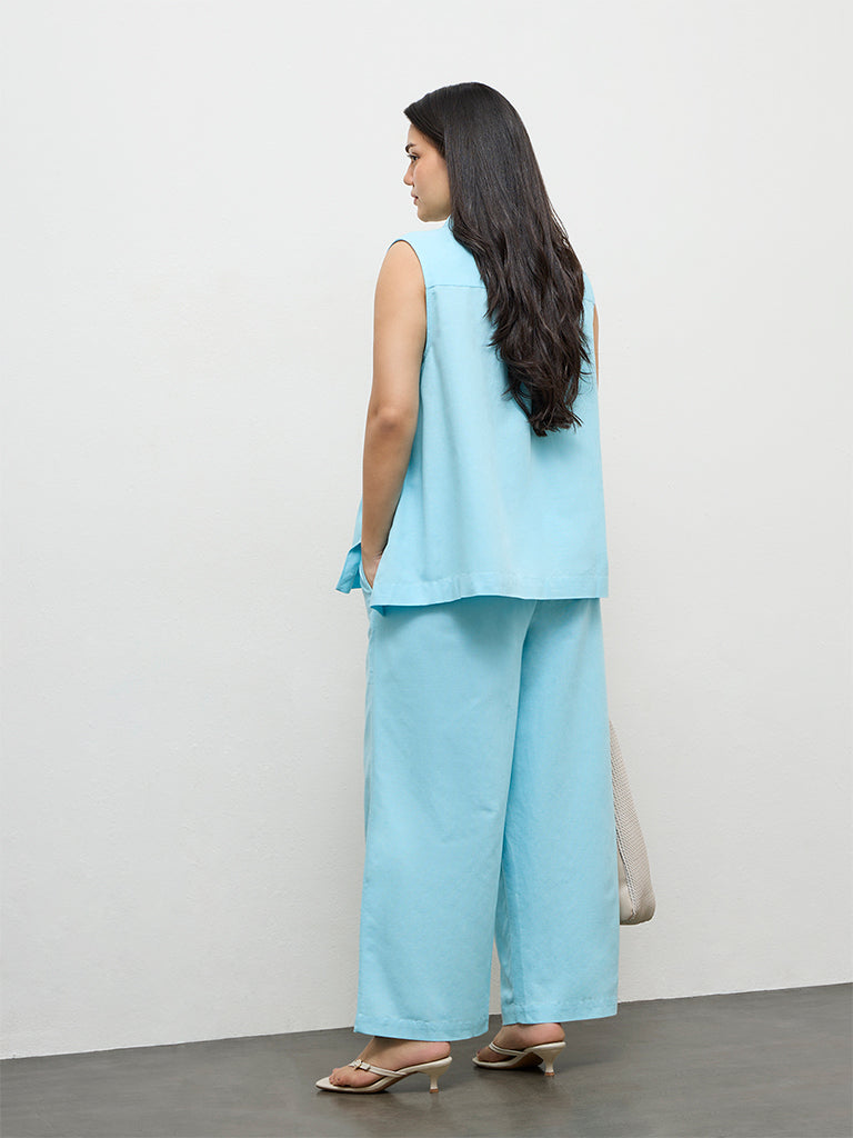 Gia Blue Solid High-Rise Trousers