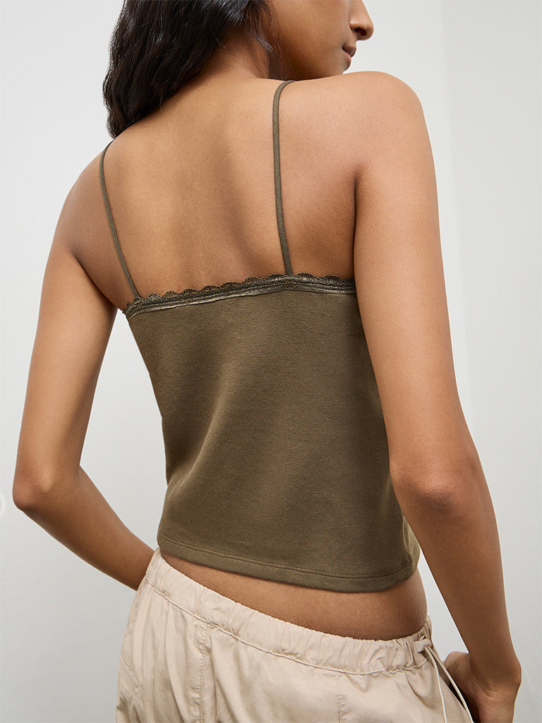 Nuon Olive Embellished Cotton-Blend Top