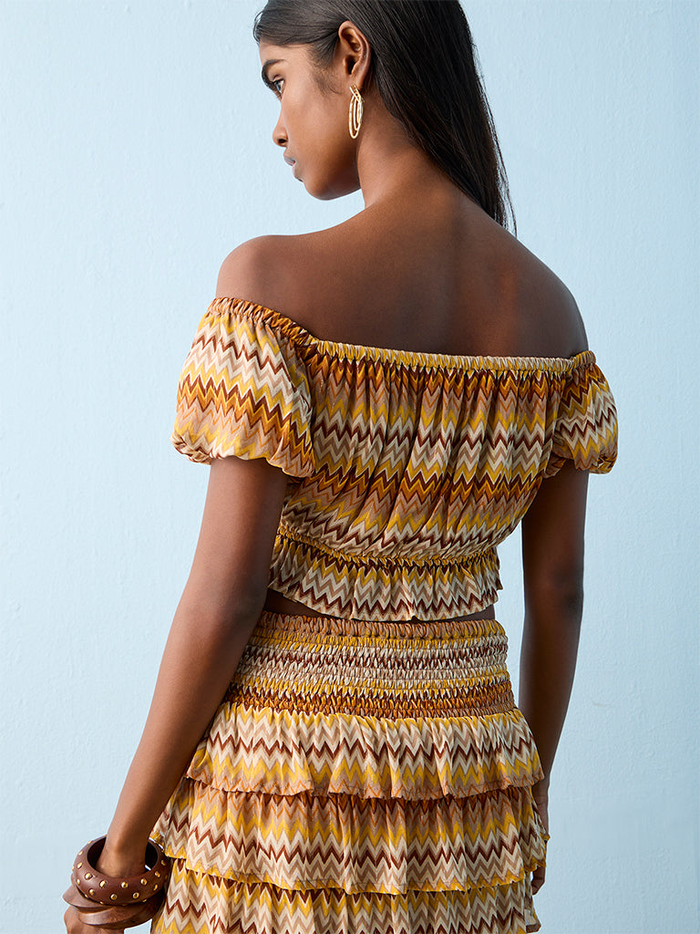 Nuon Mustard Chevron Printed Off-Shoulder Top