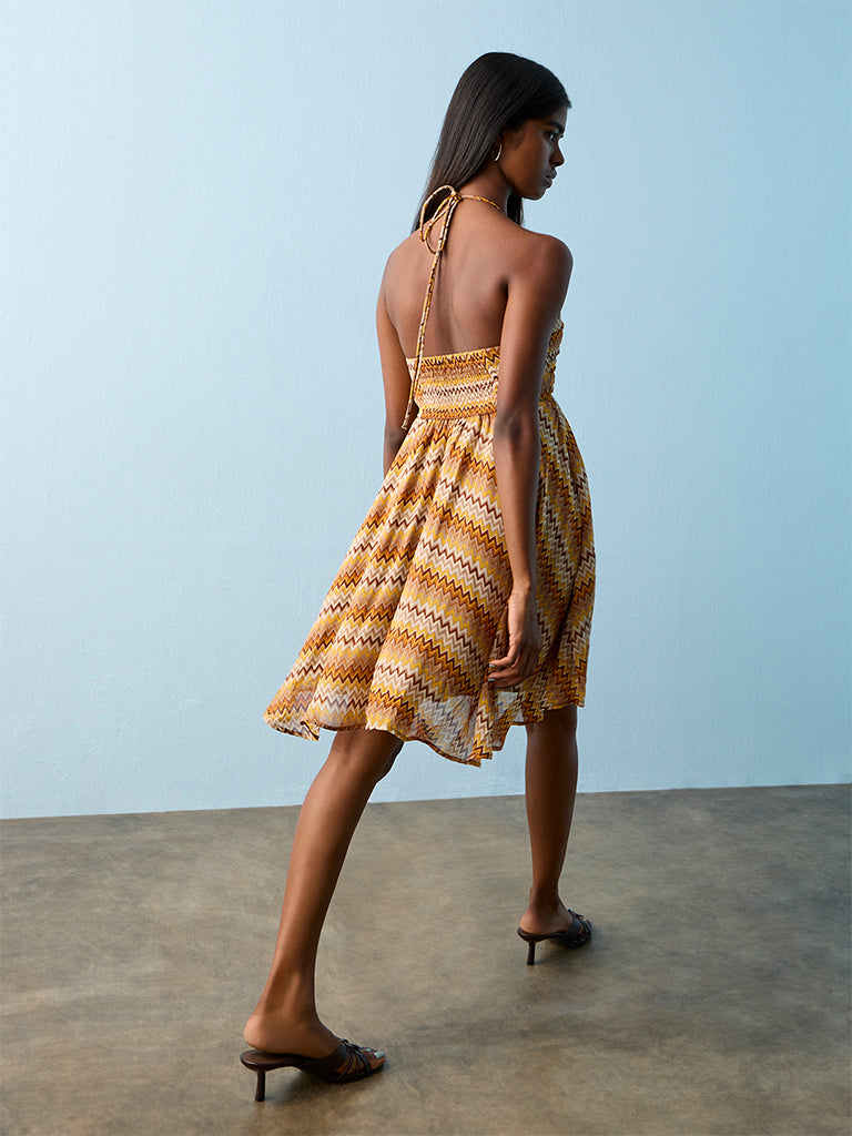 Nuon Mustard Chevron Printed Empire A-Line Dress