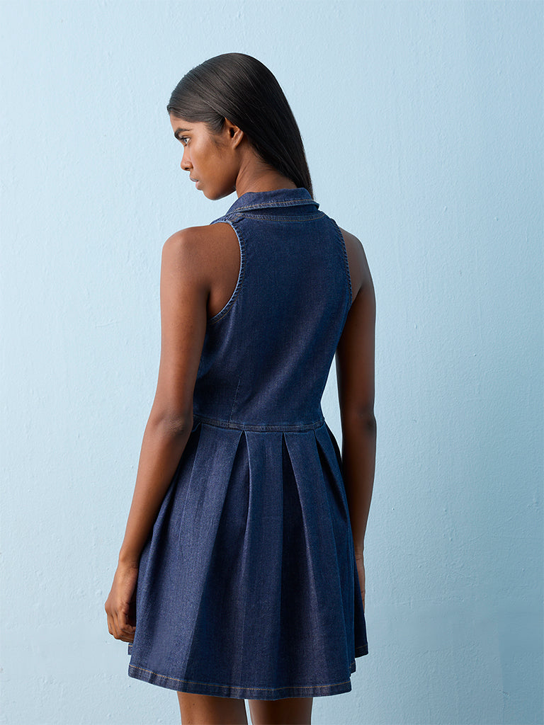 Nuon Dark Blue Pleated Denim A-Line Dress