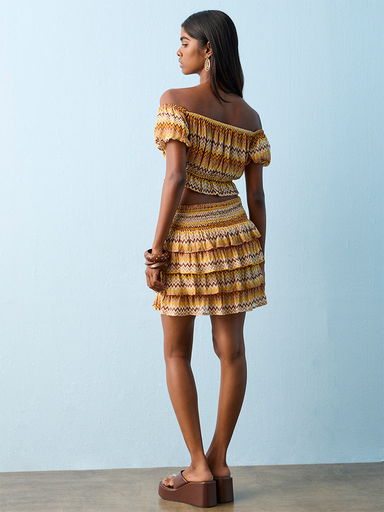 Nuon Mustard Chevron Printed High-Rise Tiered Skirt
