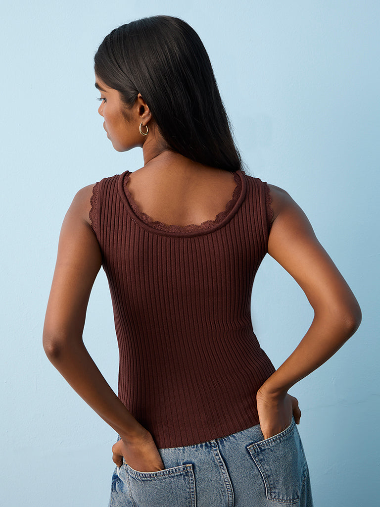 Nuon Brown Ribbed-Textured Tank Top
