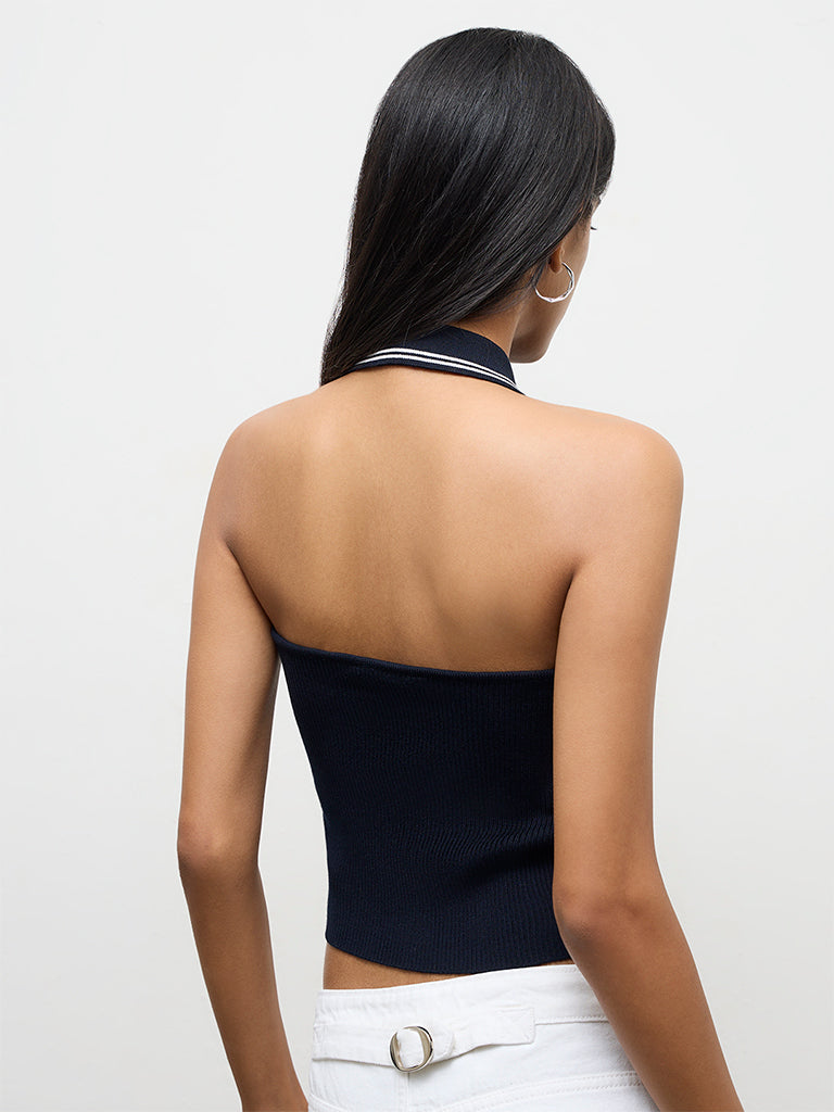 Nuon Navy Ribbed Halter-Neck Top