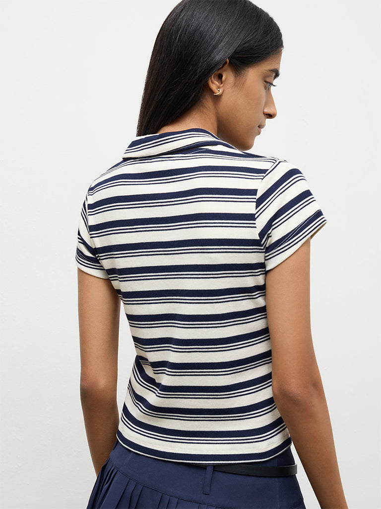Nuon Navy Striped Cotton-Blend T-Shirt