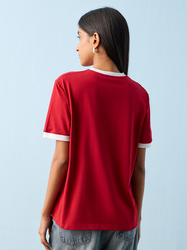 Nuon Red Printed Cotton T-Shirt