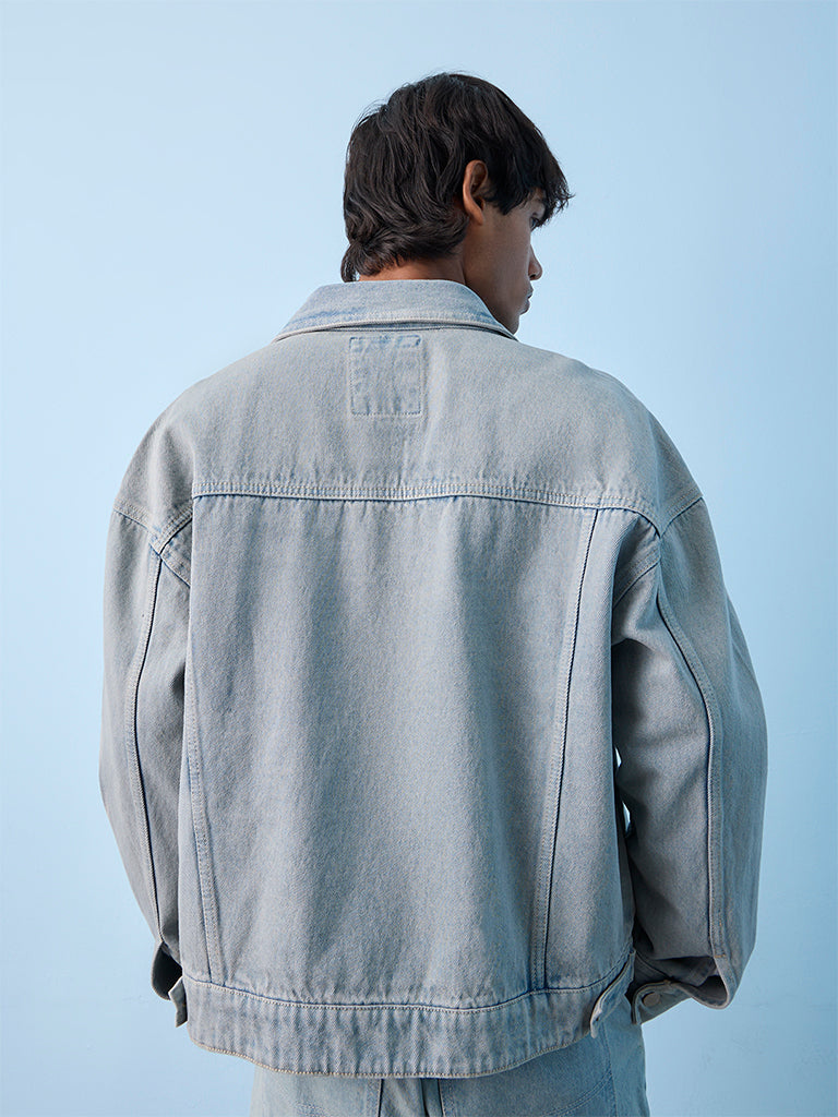 Nuon Light Blue Flame-Printed Relaxed-Fit Denim Jacket