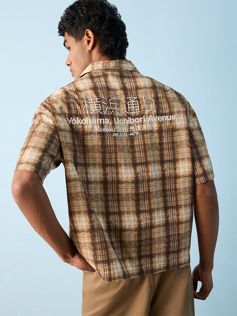 Nuon Brown Checkered Printed Relaxed-Fit Cotton Shirt