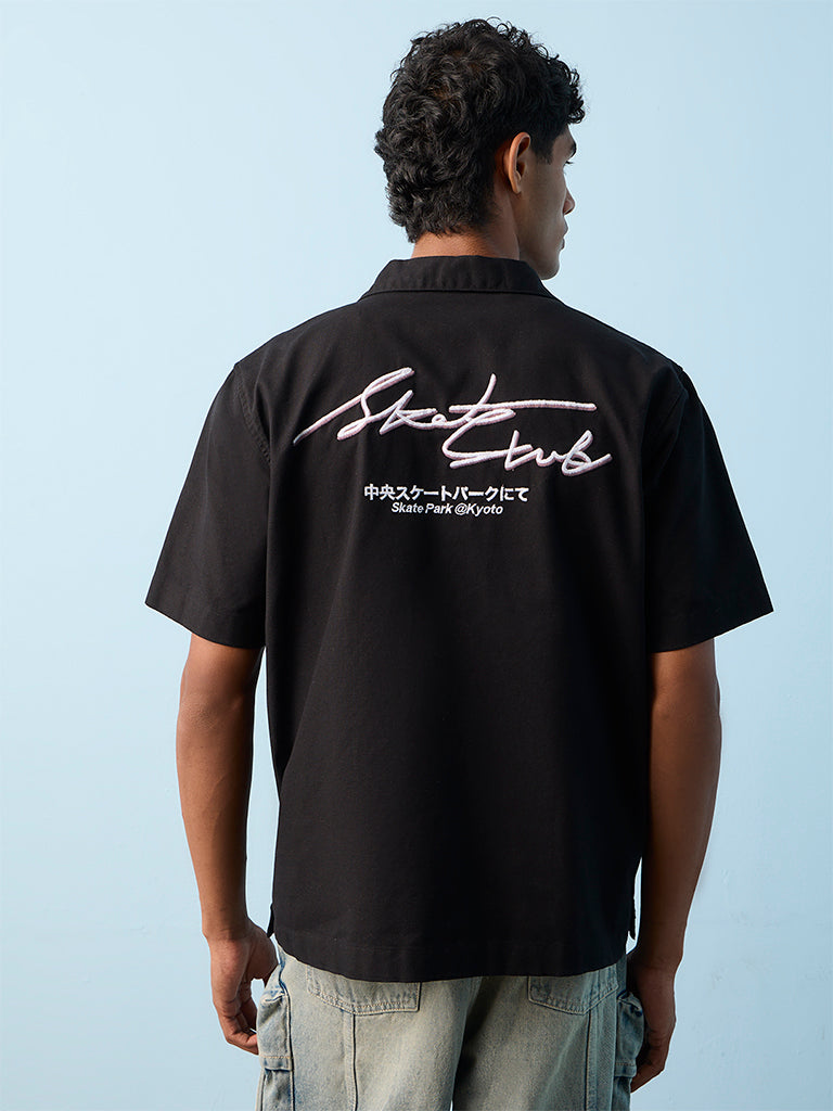 Nuon Black Text Printed Relaxed-Fit Cotton Shirt