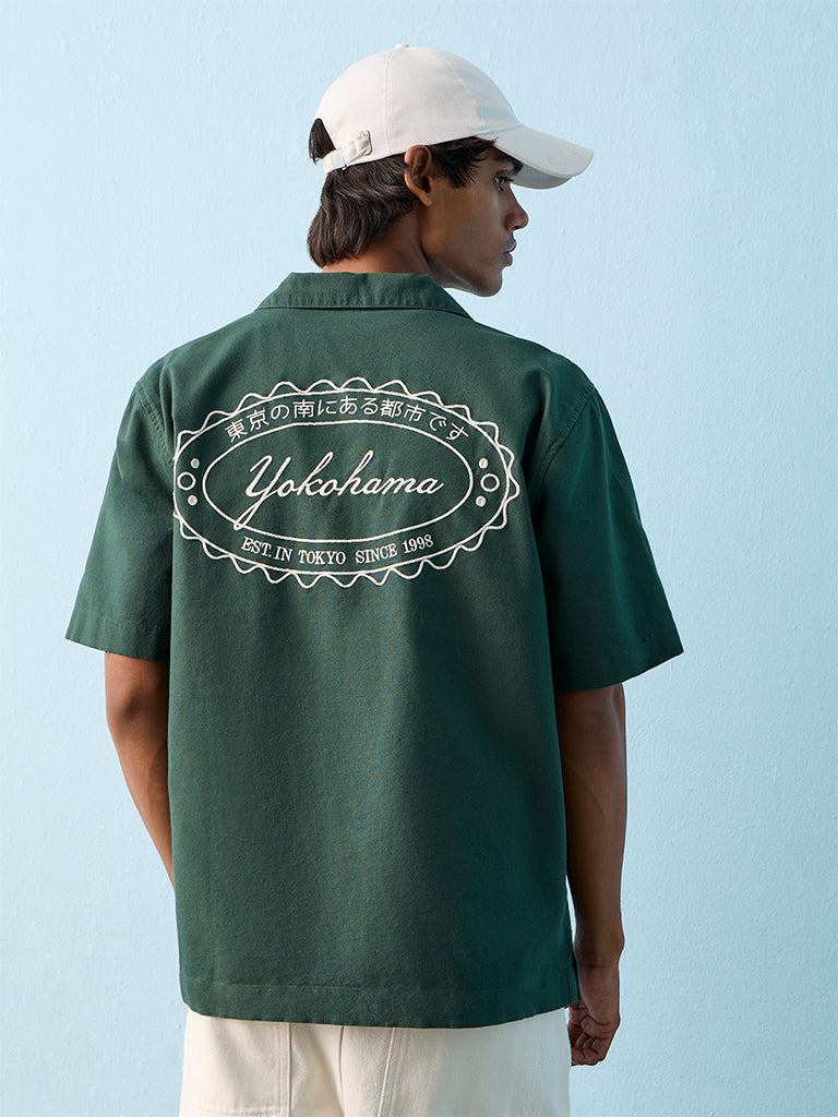 Nuon Green Text-Printed Relaxed-Fit Cotton Shirt
