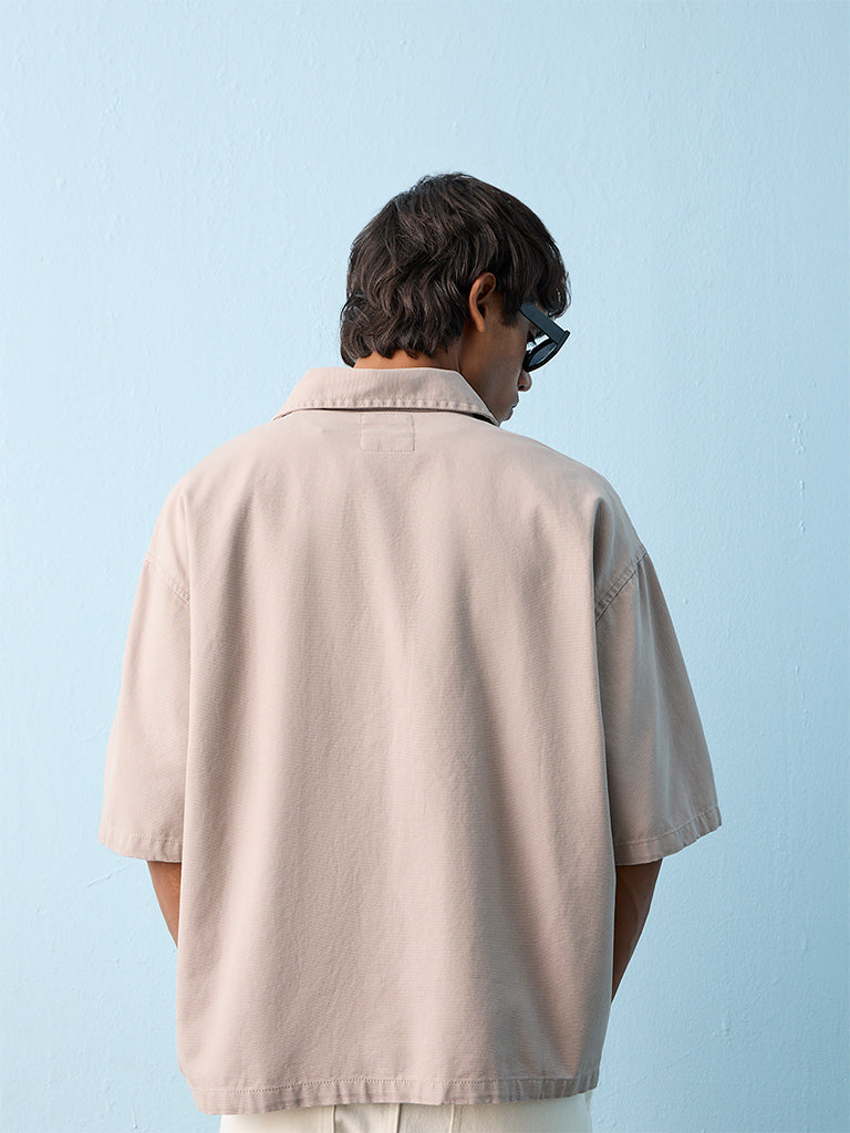 Nuon Grey Numerical Embroidered Boxy-Fit Cotton Shirt