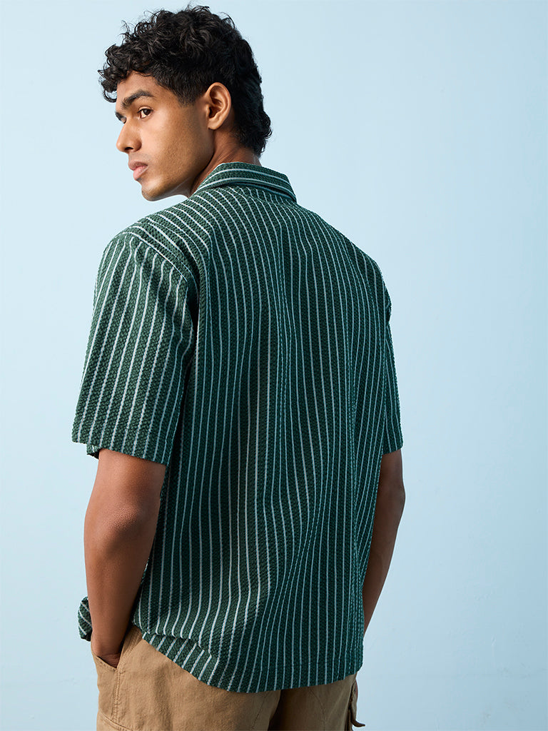 Nuon Green Striped Relaxed-Fit Cotton Shirt