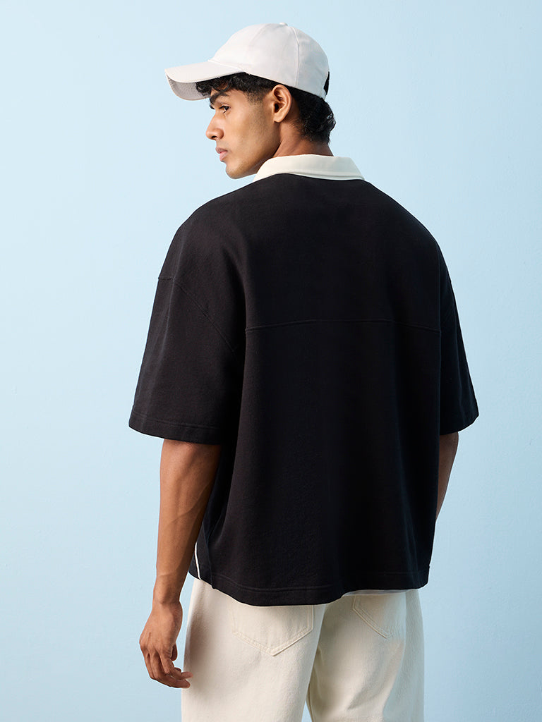 Nuon Black Text-Design Oversized-Fit Cotton Polo T-Shirt
