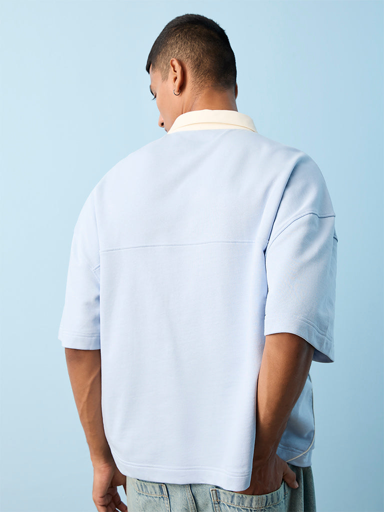 Nuon Light Blue Text-Printed Relaxed-Fit Cotton T-Shirt