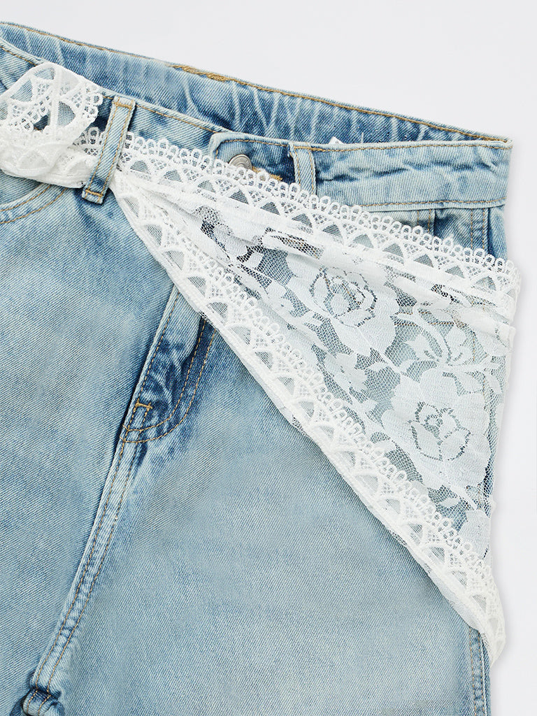 Girls Blue Lace Tie-Up Detail Barrel-Fit High-Rise Jeans