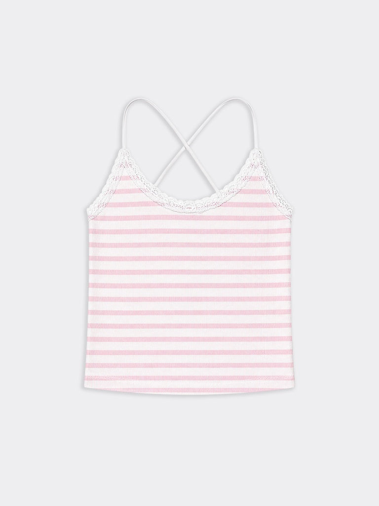 Girls Pink Striped Cotton-Blend Camisole Top
