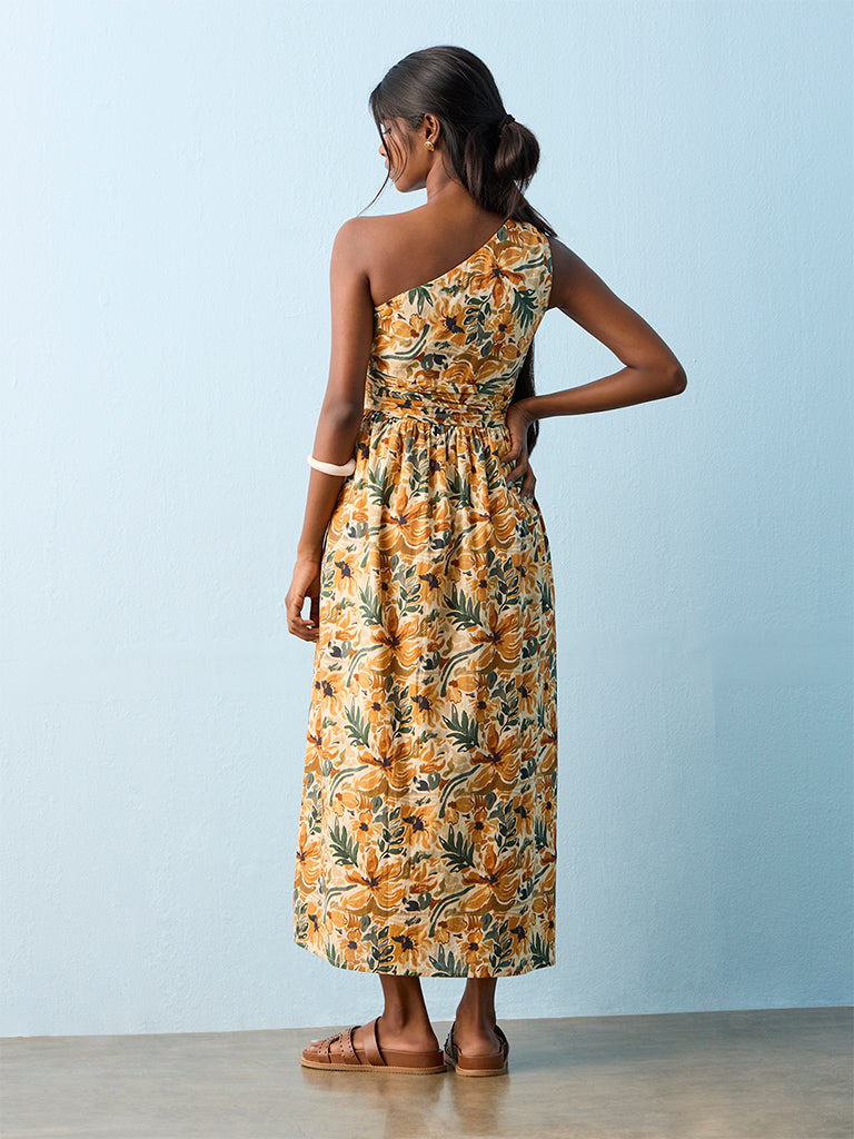 Bombay Paisley Yellow Floral Cotton One-Shoulder Dress